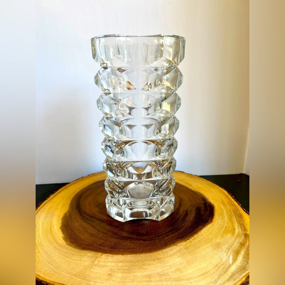 Large Vintage Cubist Geometric Art Deco Style Cut Glass Vase France 9.5”